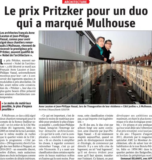 Le prix Pritzker pour un duo qui a marqué Mulhouse